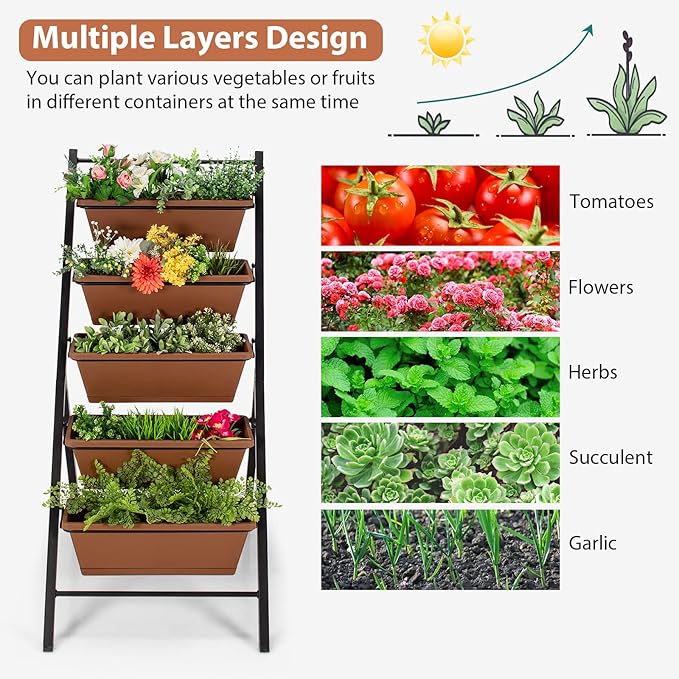 Giantex Set of 2 Vertical Planter Raised Bed, Elevated Garden Beds with Water Drainage Hole, Freestanding 5 Container Boxes for Herb Vegetables Flowers Growing, Outdoor Indoor Patio Balcony