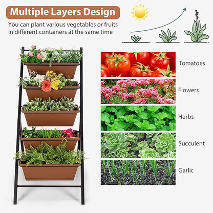 Giantex Set of 2 Vertical Planter Raised Bed, Elevated Garden Beds with Water Drainage Hole, Freestanding 5 Container Boxes for Herb Vegetables Flowers Growing, Outdoor Indoor Patio Balcony
