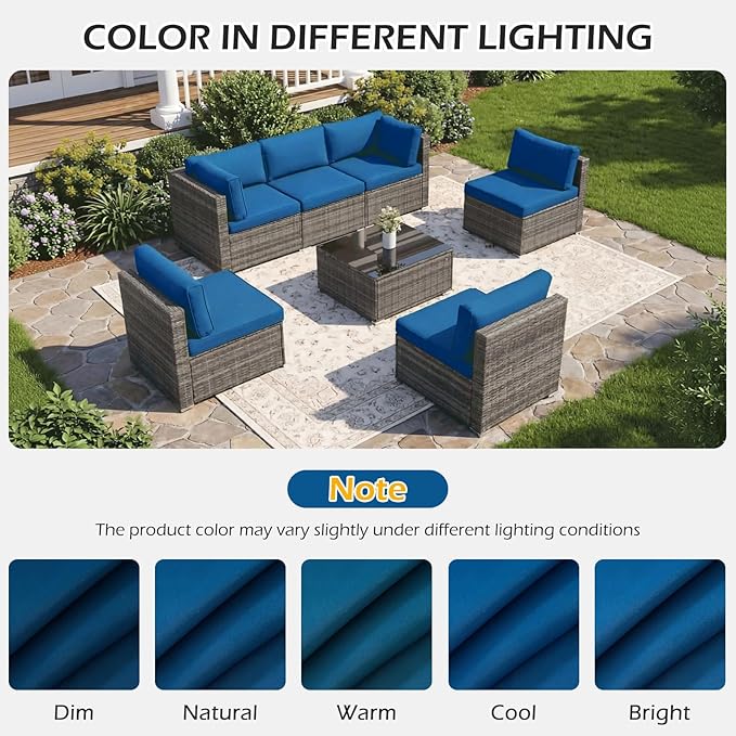HOMREST Outdoor Replacement Cushions,Water-Resistant 4" Thick Seat Cushion for Patio Furniture,25x25 in Patio Furniture Cushions,Non-Slip 14-Piece Set for 6-Seat Rattan Wicker Sectional Sofa, Blue