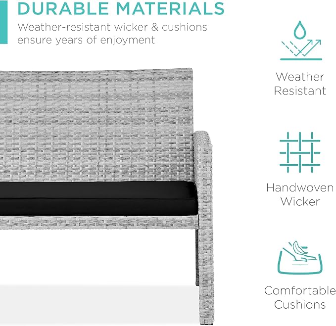 Best Choice Products 4-Piece Outdoor Wicker Patio Conversation Furniture Set for Backyard w/Coffee Table, Seat Cushions - Gray/Black