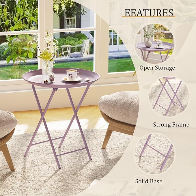 Garden 4 you Folding TV Tray Table, Metal Round Side Table, Purple Dinner Table with Metal Frame, Modern Outdoor Tray Table for Living Room, Bedroom, Patio & Small Spaces, 1 Pack