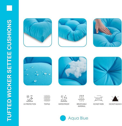 Outdoor/Indoor All Weather Tufted Wicker Chair Cushions of 3 Pieces, 1 Loveseat and 2 U-Shape Waterproof Cushions for Patio Furniture,Wicker Loveseat,Bench-Aqua Blue