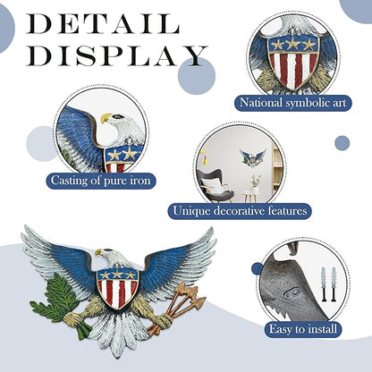 Linton Arts Eagle Decor Outdoor Wall Art – Cast Iron American Statue with Shield – Patriotic Metal Wall Hanging for Indoor & Outdoor – Eagle outdoor decor, Garage【eagles wall decor】