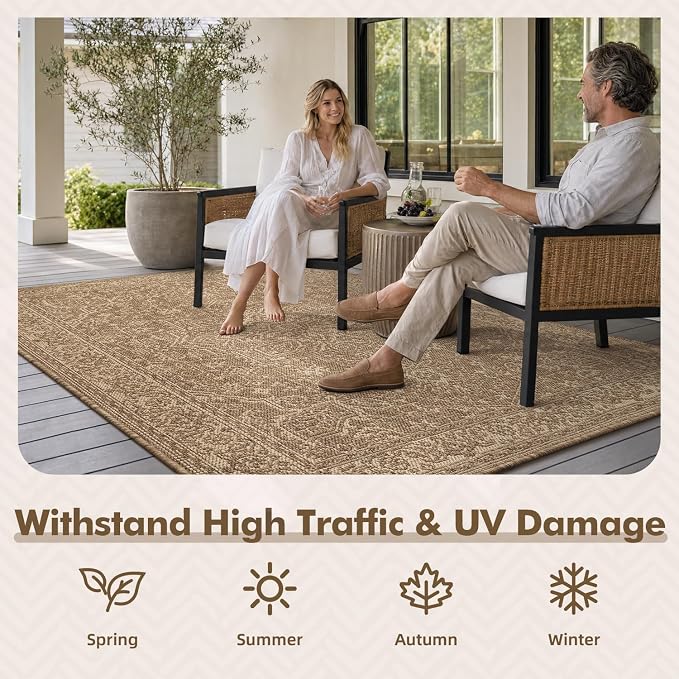 MontVoo-3x5 Outdoor Rug Porch Entryway Rug-Polypropylene Indoor Outdoor Rugs for Entryway Kitchen Balcony Patio, Textured Weave, Durable, Fade-Resistant, Non-Shedding, Vintage Neutral Brown