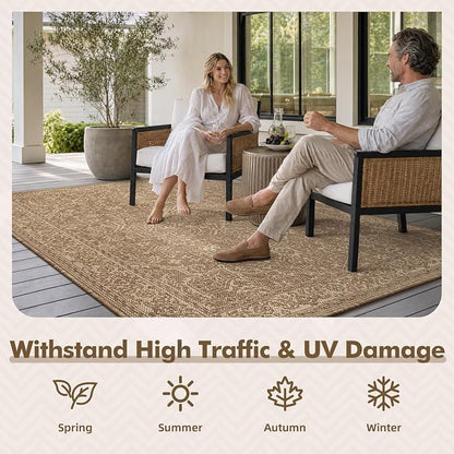MontVoo-Outdoor Rug-Patio Rug 4x6 ft Polypropylene Indoor Outdoor Rugs Carpet for Patio Deck Balcony Porch,Textured Weave, Durable for High Traffic, Fade-Resistant, Vintage Medallion Neutral Brown