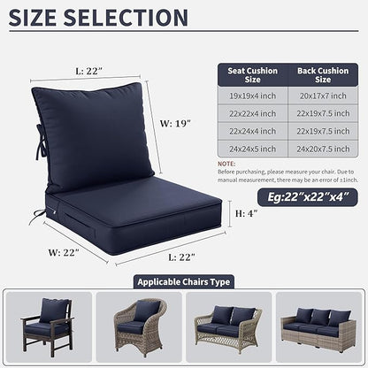 Premium Outdoor Seat Cushion Chair Cushions for Patio Furniture 22 L X 22 W X 4 H Waterproof & Fade Resistant Deep Seat and Backrest Cushion Set with Removable Covers for Chair, Sofa