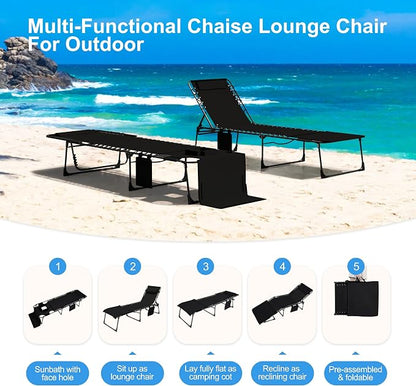 Outdoor Chaise Lounge Chair with Face Hole and Arm Hole, Tanning Chair with 5 Position Adjustable Back, Foldable Lounge Chair with Detachable Pocket and Pillow for Beach, Pool, Black
