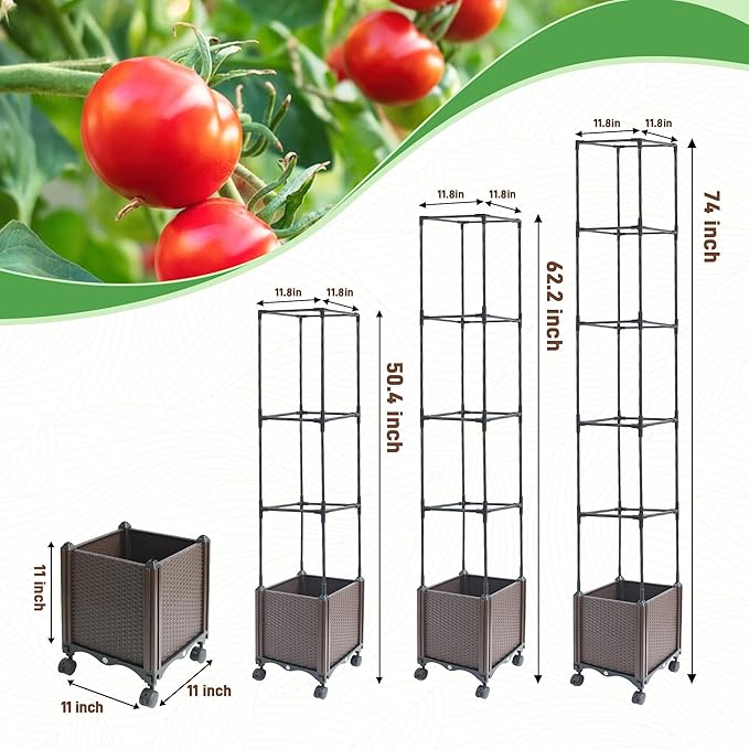 Quibbay Raised Garden Bed Planter Box with Trellis, 74" Self-Watering Tomato Planters for Climbing Plants Vine Flowers Outdoor Patio, Tomatoes Cage with Wheels, 1Pack