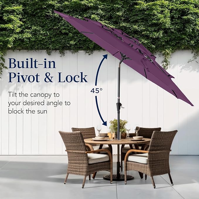 Best Choice Products 10ft 3-Tier Market Patio Umbrella, Outdoor Sun Shade with Tilt, Crank Lift, 8 Ribs for Backyard, Deck, Poolside – Amethyst Purple