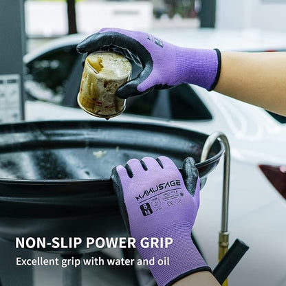 Safety Work Gloves Nitrile For Men and Women, with Touchscreen Fingers, Men's Work Gloves with Grip, Mechanics Gloves (Size XL, Purple, 12-pairs)