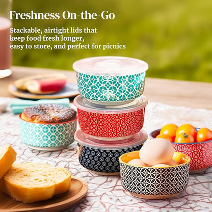 DOWAN 8 oz Ramekins with Lids Oven Safe for Creme Brulee, Ceramic Custard Cups for Baking, Porcelain Souffle Dishes, Small Bowls for Pudding Dip Sauces Charcuterie Dessert, Set of 6, Vibrant Colors