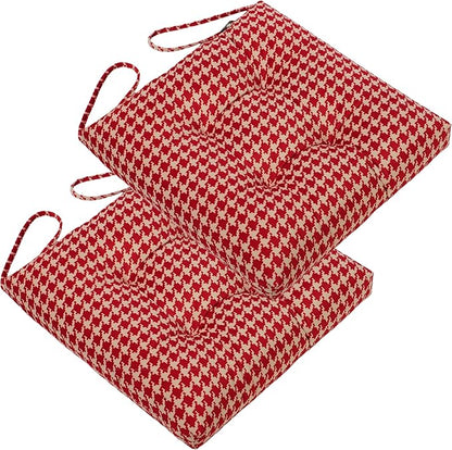 2-Pack Outdoor/Indoor Wicker Patio Seat Cushion Pad with Ties - Dining Chair Cushion, 17" x 17" (Red Houndstooth)