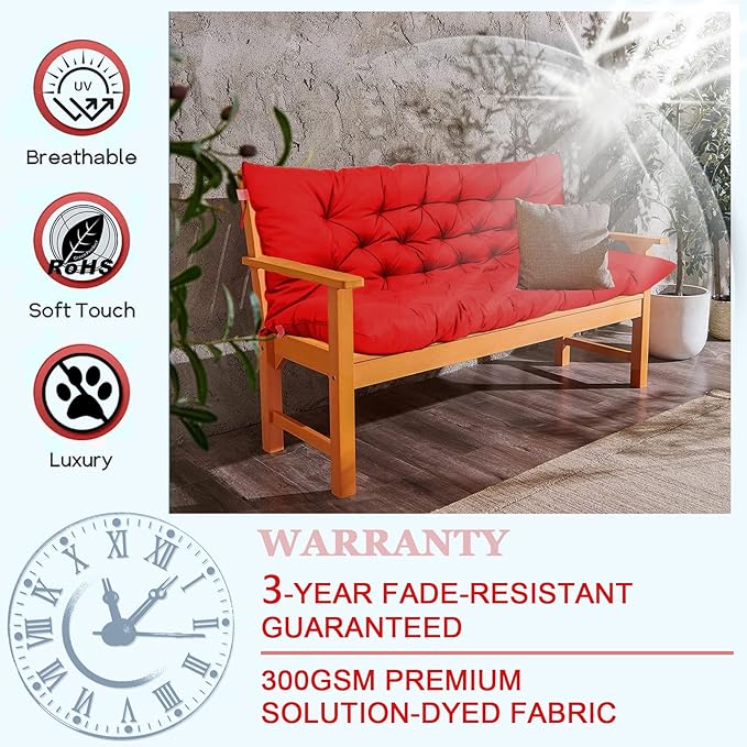 Outdoor Swing Cushions 3 Seater Waterproof, Replacement Bench Cushions for Outdoor Patio Furniture with Backrest, Porch Swing Cushion with Ties for Lawn and Garden (Red, 40x47in)