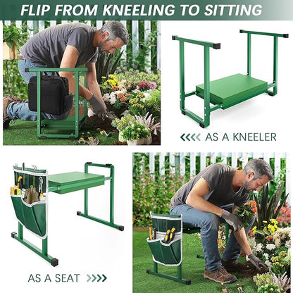 Garden Kneelers Seat, Stable and Save Anti-Tipping Design 10.2" Wider Garden Kneeler and Seat with Handle, Heavy Duty Gardening Stool for Seniors, Gardening Weeding Bench for Gardeners Parents - Green