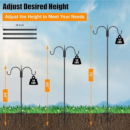 FEED GARDEN Heavy Duty Shepherds Hook 76" Double Hooks Adjustable (44/60/76") - Alloy Steel 5-Prong Base, 17lb Capacity - Easy Assembly Bird Feeder Pole for Hanging Planters, Lanterns, Wind Chimes
