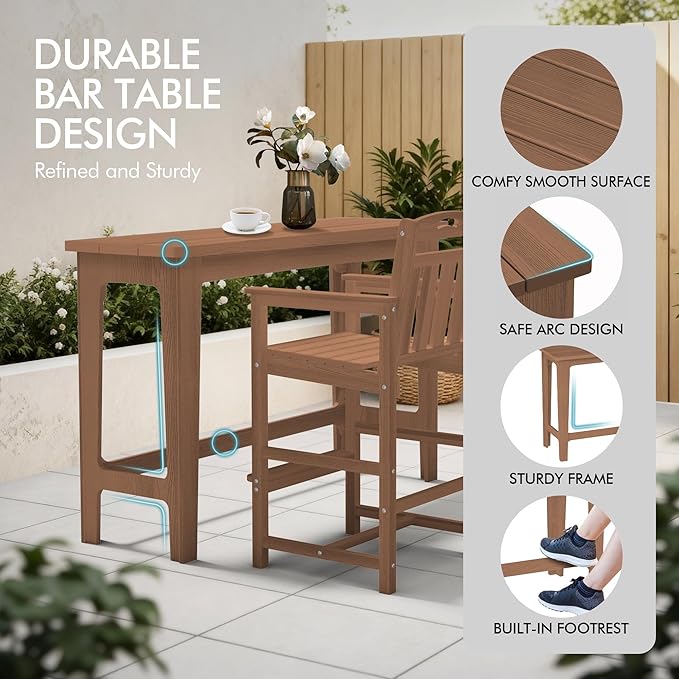 Ciokea Heavy-Duty Outdoor Bar Set, Rectangle High Top Table and 2 Oversized Adirondack Chairs Set, HDPE Modern Patio Bar Set for Outside Bistro Backyard Balcony Deck Outside, Teak