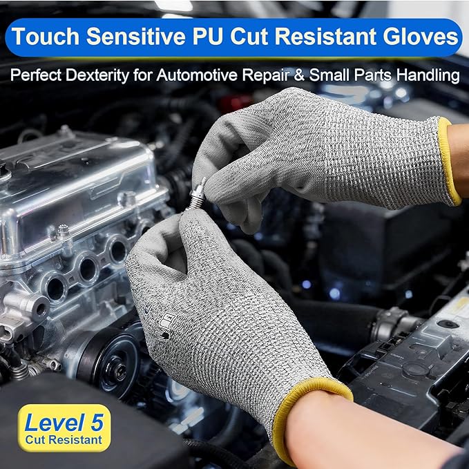 Dowellife 3 Pairs Level 5 Cut Resistant Work Gloves for Men and Women, PU Coated Breathable Gardening Gloves, Thin Flexible and Firm Grip for Mechanics and Fishing (X-Large, Grey)