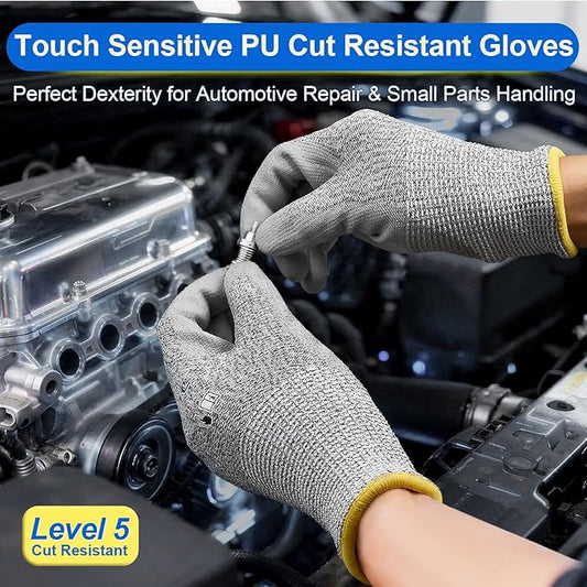 Dowellife Level 5 Cut Resistant Work Gloves for Men and Women, PU Coated Breathable Gardening Gloves, Thin Flexible and Firm Grip for Mechanics and Fishing (Small, Grey)