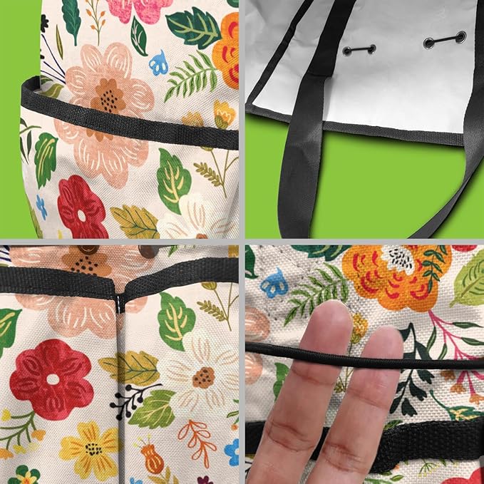 Boho Garden Tool Bag - Waterproof Floral Garden Tote with 8 Pockets, Large Storage Home Organizer Gardening Tool Oxford Bag for Garden Tools Kits Holder, Ideal Outdoor Gardening Gift for Women & Men