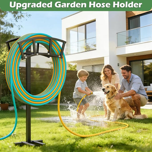 OLV Garden Hose Holder 4 Spikes, Heavy Duty Freestanding Water Hose Holder Stand Holds 150-ft Hoses, Detachable Outdoor Metal Storage Hanger Organizer Rack for Outside Yard Lawn Farm