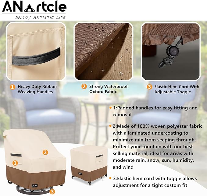 3 Pieces Patio Bistro Sets Cover,600D Waterproof Heavy Duty Patio Furniture Covers,Includes 2 Outdoor Swivel Chair Covers and 1 Patio Wicker Side Table Cover(Beige&Brown)