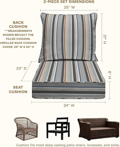 Honeycomb Outdoor Heritage Deep Seat, 24 x 23, Stripe Stone Beige Chair Cushion for Patio Furniture