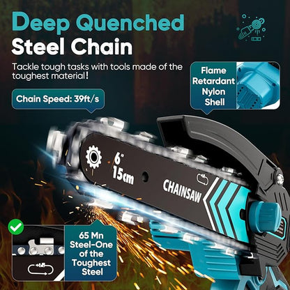 Mini Chainsaw- 6 Inch Electric Mini Chain Saw Cordless Battery Powered One-Hand Tree Trimming Saw with 2 Batteries, Portable Gardening Gadgets for Men, Unique Birthday Gifts for Dad Grandpa (Blue)