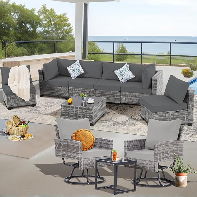 FHFO 10 Pieces Outdoor Patio Furniture Set with Swivel Chairs, Wicker Sectional Sofa Set Rattan Modular Patio Conversation with Cushions Couch & Coffee Table for Garden, Balcony, Porch, Grey-Grey