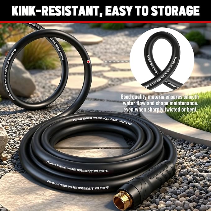 Garden Hose 75ft x 5/8", NON-EXPANDABLE Heavy Duty Premium Flexible Water Hose, No Kink, Leakproof, Lightweight Hybrid Hose with Male to Female Fittings for Household、Backyard