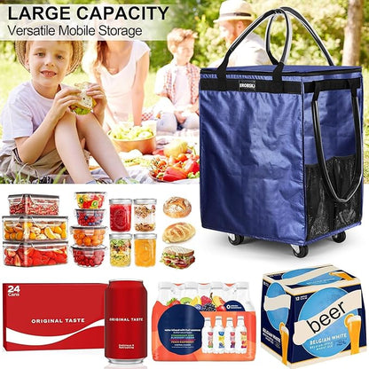(Medium, Navy) Reusable Grocery Bag on Wheels, 70L Foldable Rolling Tote, Carries Up to 66 lbs Shopping Trolley, Zipper Clouser Shopping Carts for Trips, Laundry, 4 Heavy Duty Wheels and 3 Handles | Bag on Wheels, Foldable