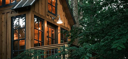 Steel Lighting Co. | Dusk to Dawn | Hawthorne Barn Light | Outdoor Wall Mounted | 8 in Dome | 6 in Straight Arm| Small Farmhouse Light Made in America | Matte Black Exterior/Brass Interior