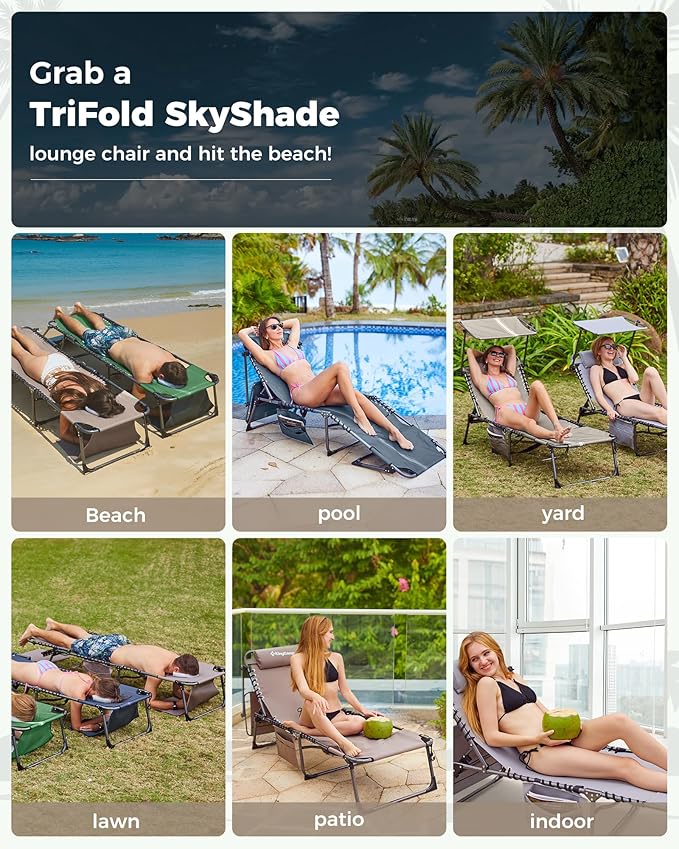 KingCamp Tanning Chair with Face Hole, Lounge Chairs Outdoor Folding Portable Comfy Adjustable 5-Position Foldable Chaise Chaser with Canopy Shade for Outside Beach Patio Sun Bathing Pool, Grey