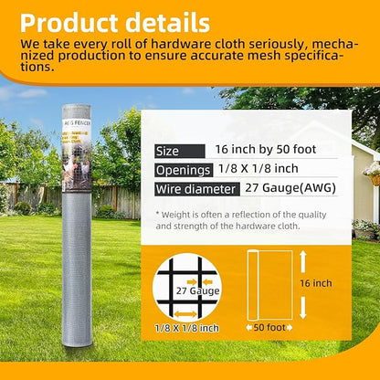 16in x 50ft Hardware Cloth 1/8 inch 27Ga Hot Dipped Galvanized After Welding, Chicken Coop Wire Fence, Welded Metal Fencing Roll Mesh for Bee Screen Garden Plant Poultry Animal Netting Cage