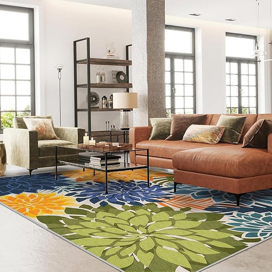 4x6 Washable Rug for Living Room Tropical Botanical Modern Floral Chenille Area Rugs Low Pile Non Slip Carpet for Patio, Bedroom, Laundry, Green