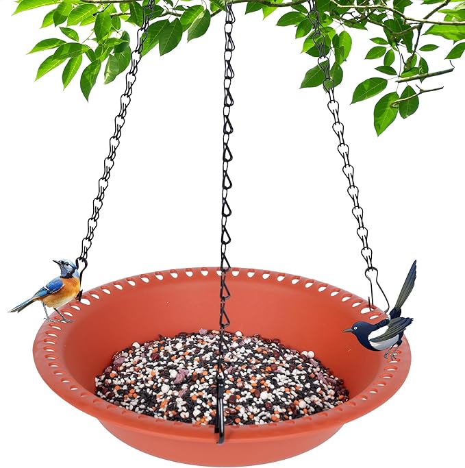 Hanging Bird Feeder Tray 10inch with Drainage Holes Fit Most Seed, Bird-Feeder Hanging for Garden Yard Outside, Terracotta