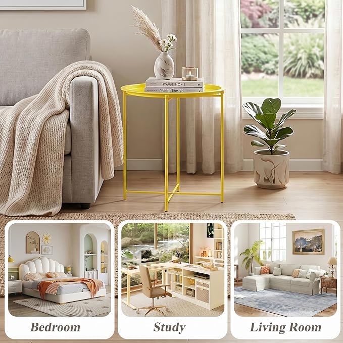 VECELO Side/End Table, Folding Round Metal Anti-Rust and Waterproof Outdoor or Indoor Tray for Living Room Bedroom Balcony and Office, 2 PCS, Yellow