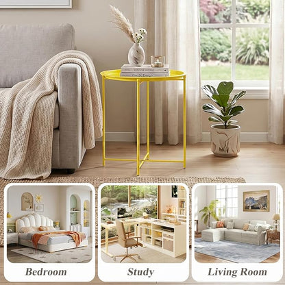 VECELO Side/End Table, Folding Round Metal Anti-Rust and Waterproof Outdoor or Indoor Tray for Living Room Bedroom Balcony and Office, 1 PCS,Yellow