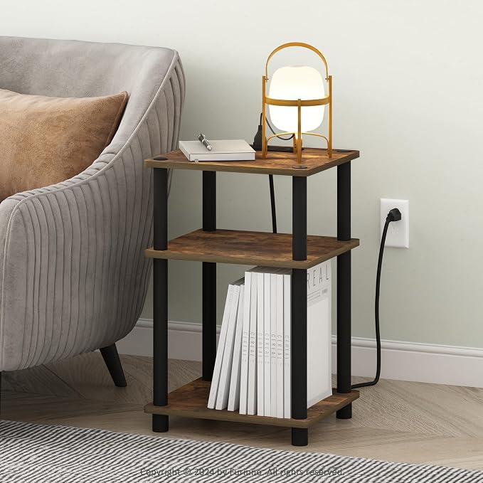 Furinno JUST Side Table, 3-Tier Modern End Table with Charging Station, Easy Assembly Night Stand, Bedside Table with USB and Type-C Port, for Living Room, Bedroom, Amber Pine