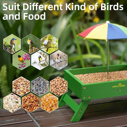 MIXXIDEA Ground Bird Feeder for Outdoors Bird&Squirrel Feeder Wooden Chicken Picnic Table Platform Feeder Wild Bird Feed Crow Feeder for Outside with 5 LBS Capacity
