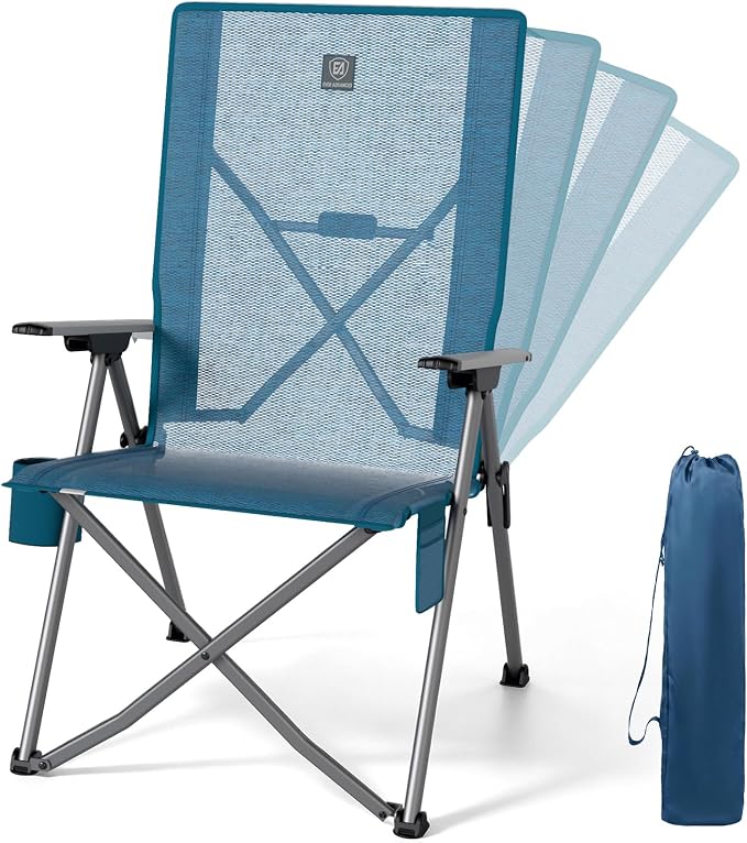 EVER ADVANCED Reclining Camping Chairs for Adult Lightweight, Portable Compact Folding Chair with High Back, 4-Level Recliner Chairs, Lawn Chair for Patio Balcony, Supports 350lbs, Stretch Mesh Blue
