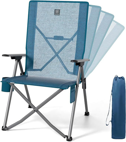 EVER ADVANCED Reclining Camping Chairs for Adult Lightweight, Portable Compact Folding Chair with High Back, 4-Level Recliner Chairs, Lawn Chair for Patio Balcony, Supports 350lbs, Stretch Mesh Blue
