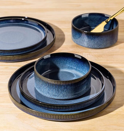 TheTerra Ceramic Dinnerware Sets for 8, 24 Pieces Porcelain Lightweight Plates and Bowls Sets, Scratch Resistant Dish Set, Oven & Microwave & Dishwasher Safe, Starry Blue