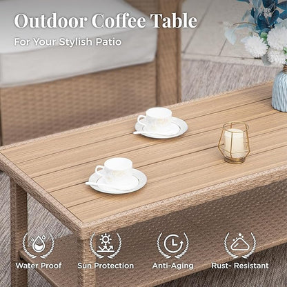 Patio Furniture Set 6 pcs, Wicker Outdoor Patio Furniture, 3-Seat Sofa, 2 Single Chairs, 2 Ottomans and Coffee Table, Rattan Patio Conversation Set for Backyard Deck, Beige