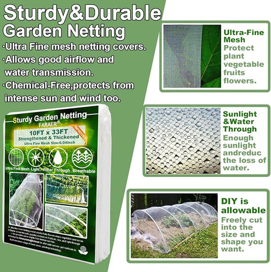 Garden Pest Barrier Netting, Thickened Mesh Net Bugs Out Plant Covers 10x33Ft Ultra Fine Protection Netting for Vegetable Plants Fruit Flowers Greenhouse Row Cover Raised Bed Insect Barrier Screen Net