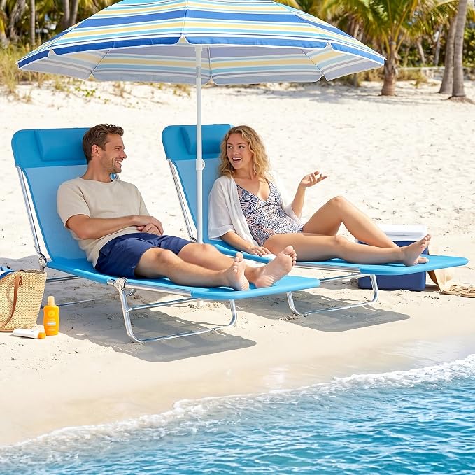Outsunny 2 Piece Folding Chaise Lounge Chairs, Pool Sun Tanning Chairs with Reclining Back, Breathable Mesh Seat, Headrest for Beach, Yard, Patio, Blue