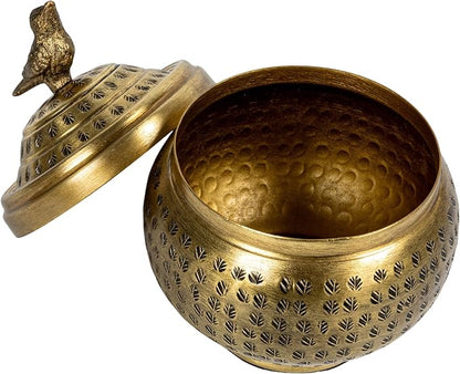 Creative Co-Op Round Hammered Metal Container with Bird Finial, Brass Finish
