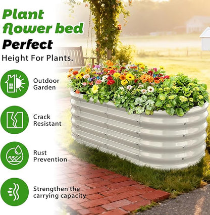 YSEJOMP 17" Tall Outdoor Garden Raised Garden Bed Kits, 4ft X 2ft Oval,0.8MM Thick Metal Raised Planter Bed/Ground Planter Box for Variety of Flowers,Herbs,Vegetables (Cream White, 48X24X16.5 Inches)
