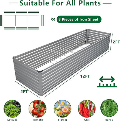 DIIYIV Galvanized Raised Garden Bed Kit Outdoor Patio,12x2x2ft Large Rectangular Metal Planter Boxes,Deep Root Box Planter for Gardening,Vegetables,Flowers,Herbs-Silver