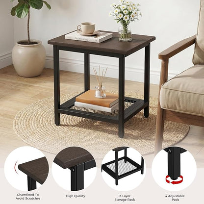2-Tier Outdoor Side Table with Storage, Weather Resistant Patio End Table, HDPS Small Accent Table for Deck, Garden, Pool, Backyard, Brown 2pcs