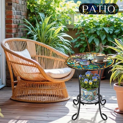 Cinnvoice Outdoor Side Table 2-Tier Round Small Mosaic Patio Accent Indoor End Plant Coffee Tea Table for Yard Patio Porch Garden Living Room, Bedroom(Butterfly Style,14 Inch)